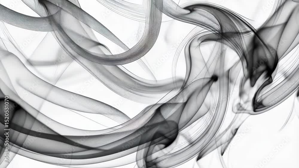 Poster abstract smoke art background with flowing, curving, and twisting plumes of smoke on a white canvas,