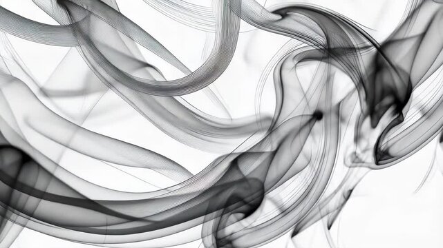 Abstract smoke art background with flowing, curving, and twisting plumes of smoke on a white canvas, creating delicate patterns and depth