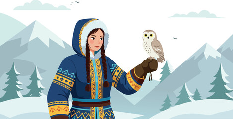 Fototapeta premium Woman in traditional winter clothing holding owl in snowy mountain forest landscape vector illustration 
