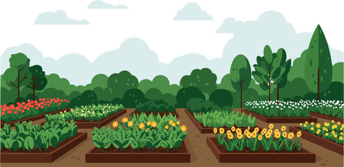 Obraz premium Vegetable and Flower Garden Beds with Green Trees and Cloudy Sky Vector Illustration 