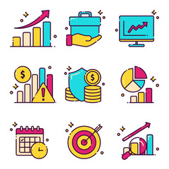 investment icon packs featuring financial growth charts, risk management, asset protection, pie charts, financial planning, business strategy, performance tracking, and economic analysis tools