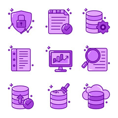 data management icon set illustrating database storage, cloud integration, data security, analytics, file organization, backup, and data processing tools
