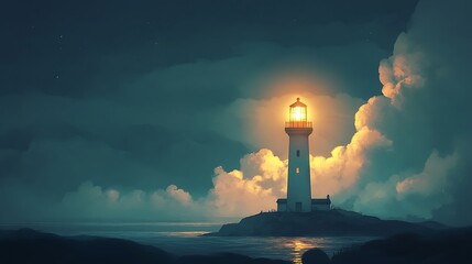 Luminous lighthouse at night, illuminated by the glow of its light.
