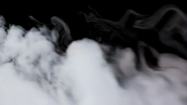 Ethereal white smoke billowing and swirling against a stark black backdrop, creating abstract and dynamic forms, emphasizing transparency and movement
