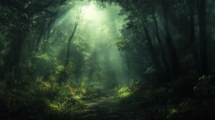 Enchanted Woodland Pathway: A Mystical Forest Landscape with Sunlight Streaming
