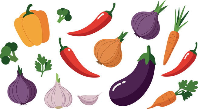 Fresh colorful vegetables including eggplant carrot chili garlic and onion vector illustration 
