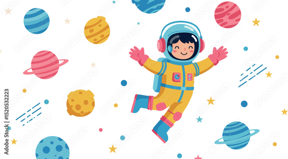 Poster child astronaut floating in colorful space with planets and stars vector illustration