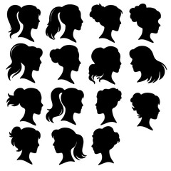 beautiful, female, face, black, woman, head, profile, logotype, girl, view, ponytail, evening, african, icon, lady, people, portrait, human, coiffure, vector, set, hair, person, teenage, line, art
