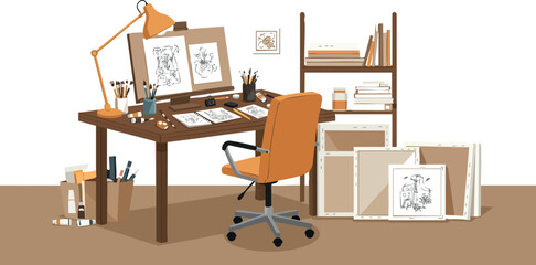 Designer workspace with sketches, brown chair, desk lamp, and art supplies in creative studio environment 