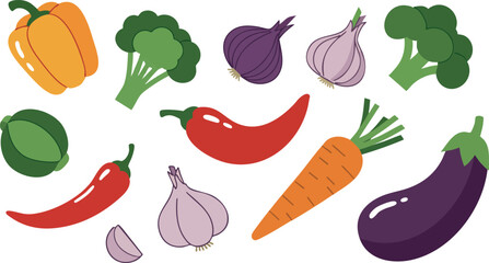 Fresh colorful vegetables including carrot eggplant garlic and chili pepper vector illustration 
