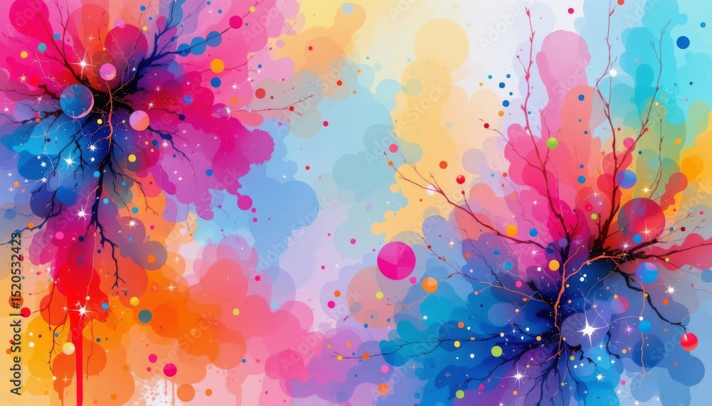 Poster a vibrant digital artwork featuring an abstract pattern composed of various shapes and lines in a ri