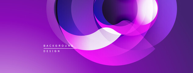 Abstract purple design features overlapping circles, gradients. Modern, dynamic composition creates visual interest. Smooth transitions, vibrant hues.