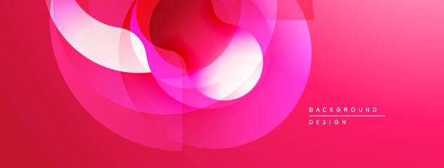 Abstract pink design features overlapping translucent circles, squares. Gradient background creates dynamic visual effect. Modern, minimalist style.