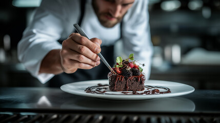 Professional chef adding final touches to gourmet chocolate dessert