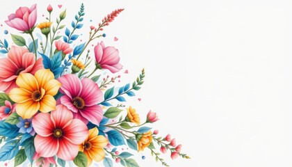 a colorful bouquet of flowers at the center of a rectangular frame, which is designed to resemble a postcard with a decorative border