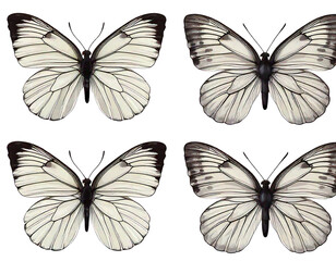 Obraz premium Set - four beautiful white butterflies Pieris napi with black spots and streaks in different.png