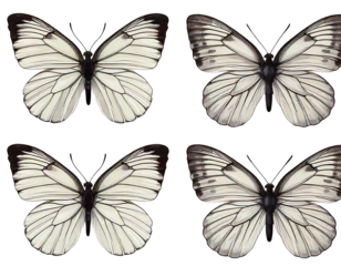 Set - four beautiful white butterflies Pieris napi with black spots and streaks in different.png