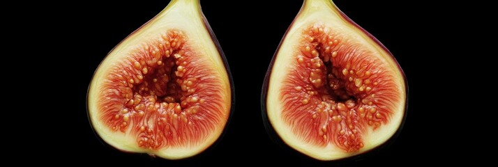 Halved Figs on Black Background: A Study in Red and Green Hues