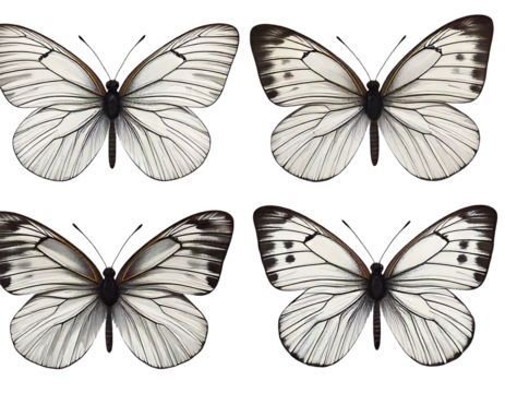 Set - four beautiful white butterflies Pieris napi with black spots and streaks in different.png