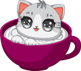 Cat Swim In Milk Mug Kitten Cartoon Vector