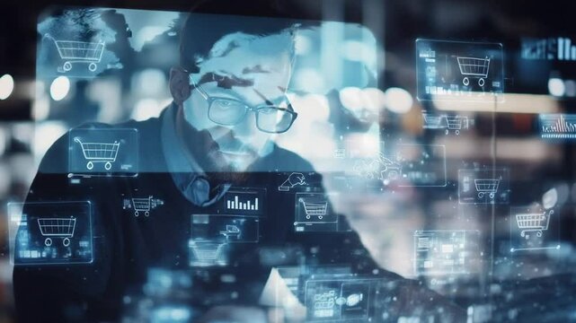 Man analyzing online shopping data with digital interface overlay, future technology - Powered by Adobe