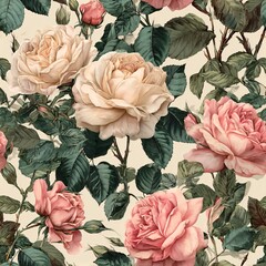Seamless Pattern of Vintage-Inspired Pink and Red Roses with Green Leaves