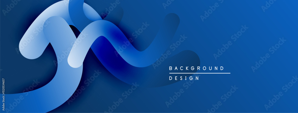 Poster Abstract blue design features flowing ribbon shapes, layered forms. Modern aesthetic, clean lines, gradient effect. Background element.