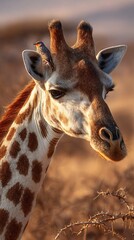 Obraz premium Majestic Giraffe Head with a Bird Perched on its Head, Against a Golden-Hour Safari Backdrop