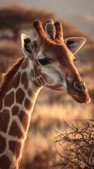 Obraz premium Close-Up of a Giraffe's Head and Neck with a Bird Perched on its Head, Against a Warm, Blurry Background