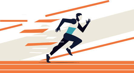 Male sprinter running fast in abstract orange and beige background vector illustration 