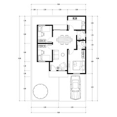 Black and White floor plan of a modern unfurnished house for your design. Suburban house blueprint. Architectural background.