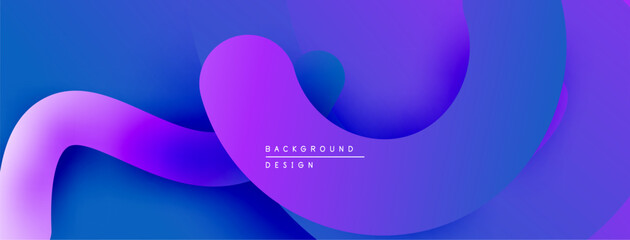 Abstract fluid shapes, vibrant purple hues blend into deep blues. Modern design evokes movement, energy, smooth transitions.