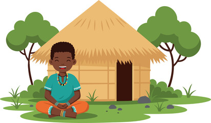 Fototapeta premium African Child Sitting Cross Legged Outside Traditional Hut with Trees and Grass Vector Illustration 