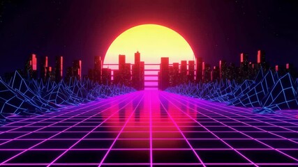 Retro-futuristic cityscape with glowing grid and sun in a synthwave style creates a nostalgic computer graphic aesthetic. - Powered by Adobe