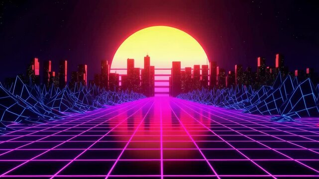 Retro-futuristic cityscape with glowing grid and sun in a synthwave style creates a nostalgic computer graphic aesthetic.