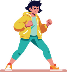 Young person walking confidently in yellow jacket and teal pants vector illustration 