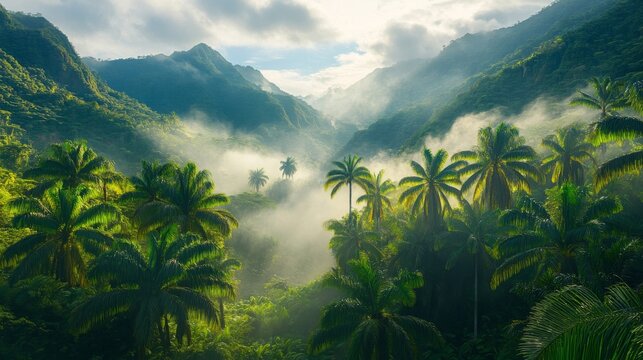 Misty Mountain Valley with Lush Tropical Palm Trees