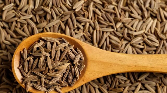 Cumin seeds close-up in a wooden spoon, scattered spice background - flavorful culinary ingredient, dried aromatic herb, seed texture.