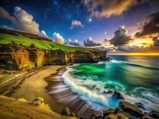 Big Island's Green Sand Beach at night: a breathtaking tilt-up shot of volcanic rocks and surging ocean waves.