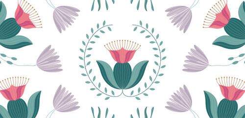Fototapeta premium Beautiful floral pattern with delicate flowers and leaves on a clean white background.