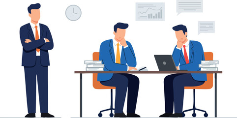 Businessmen working in office setting with laptop and documents vector illustration 