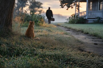 AI-generated serene morning scene with a ginger cat watching a person walking away