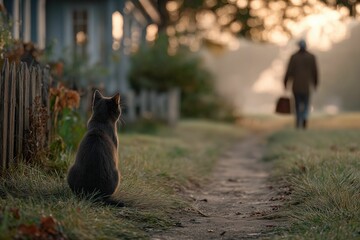 AI-generated serene rural scene with a cat sitting by a path, watching a person walk away at sunrise