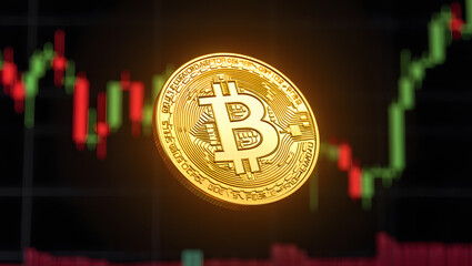 Bitcoin coin with stock market graph in the background
