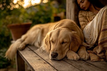 AI-generated golden retriever sleeping on a wooden bench next to a woman in a cozy outdoor setting