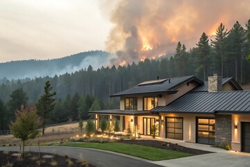 Modern suburban home with fireproof roof and eco-friendly materials. Sustainable construction resists wildfires, ensuring safety, security, and investment protection near forest landscape in nature.