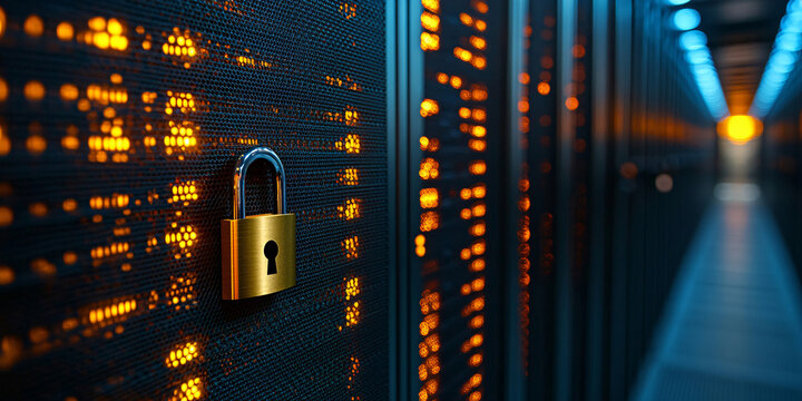 A gold padlock on a server rack symbolizes data center security and cybersecurity.