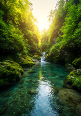 Serene Waterscape: A crystal-clear river carves its way through a lush, verdant forest, sunlight cascading down, illuminating the water and vibrant vegetation, a picture of natural peace.
