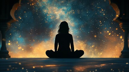 Silhouette of Woman Meditating Against a Cosmic Night Sky