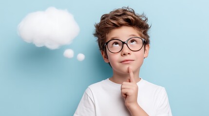 A Young Boy Wearing Glasses Looks Up At A Thought Bubble, creative imagination, pondering ideas